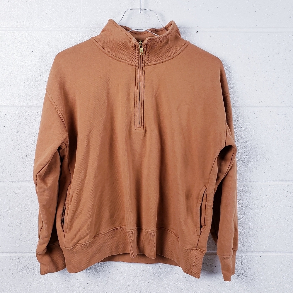 J. Crew University Terry Half-Zip Cropped Sweatshirt Mock Neck Size XS Clay - Picture 2 of 10